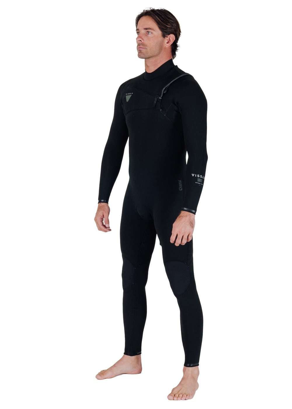 Vissla Natural Seas full chest zip wetsuit in black with sealed neck, knee pads, and streamlined fit for performance and warmth.