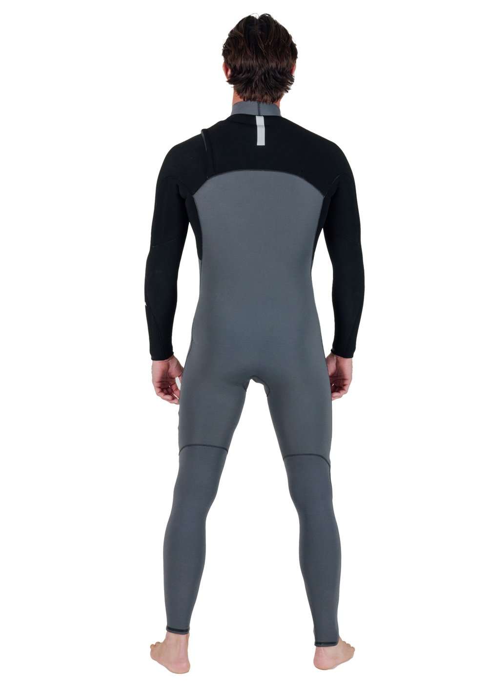 Vissla Natural Seas full chest zip wetsuit in black and grey neoprene with long sleeves and a reflective strip on the upper back.