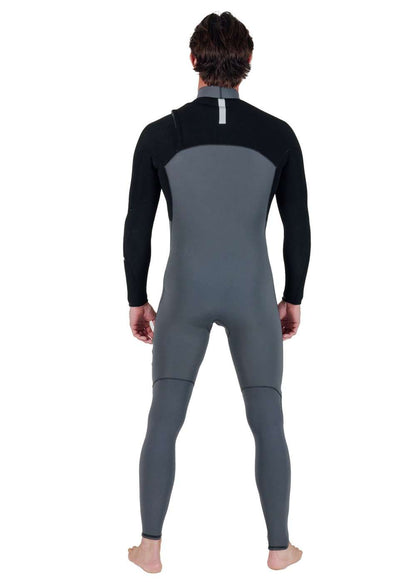 Vissla Natural Seas full chest zip wetsuit in black and grey neoprene with long sleeves and a reflective strip on the upper back.