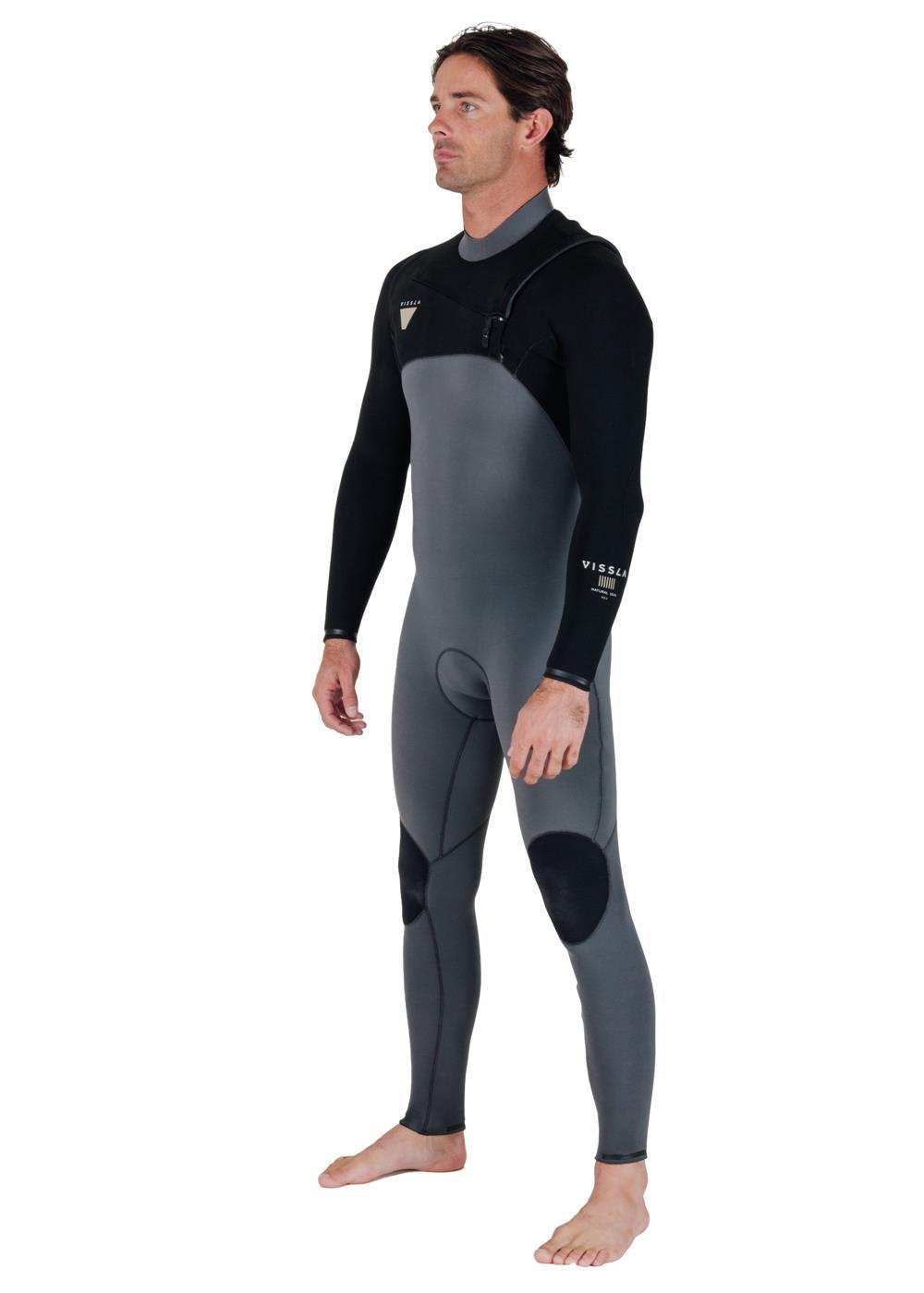 Vissla Natural Seas wetsuit in black and gray with full chest zip, knee pads, and contoured, streamlined design for warmth and flexibility.