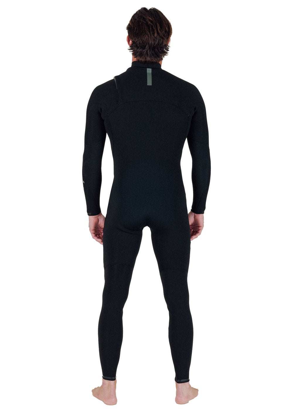 Full-length black wetsuit made from natural stretch material with chest-zip entry and fitted design, featuring Vissla Natural Seas branding.