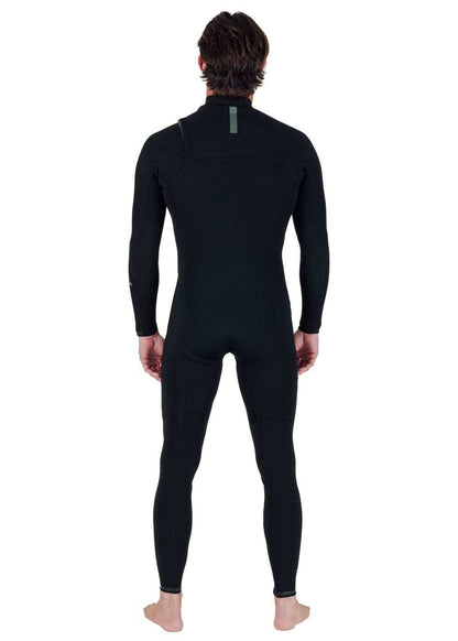 Full-length black wetsuit made from natural stretch material with chest-zip entry and fitted design, featuring Vissla Natural Seas branding.