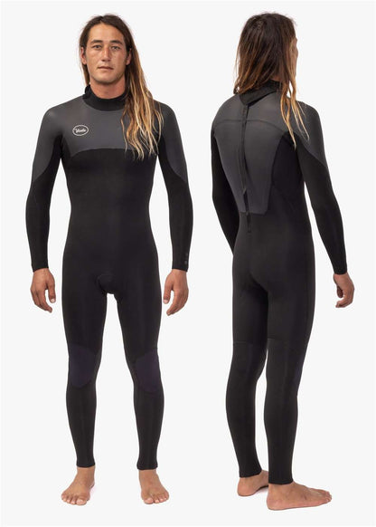 Vissla 7 Seas 4-3 Full Back Zip Wetsuit in black with dark gray shoulder panels, full-body neoprene material and back zipper closure.