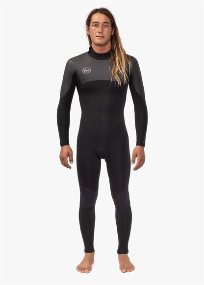 Vissla 7 Seas 4-3 Full Back Zip Wetsuit in black with dark grey panels, long sleeves, and a slim fit design