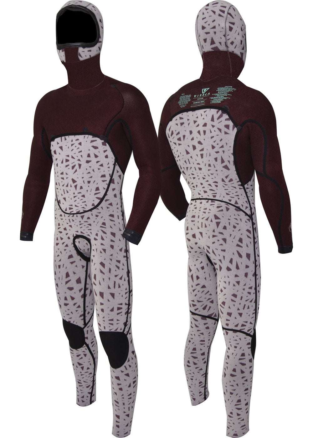 Vissla North Seas full hooded wetsuit in burgundy and beige with abstract pattern, chest zip, and knee pads for warmth and durability.