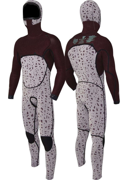Vissla North Seas full hooded wetsuit in burgundy and beige with abstract pattern, chest zip, and knee pads for warmth and durability.