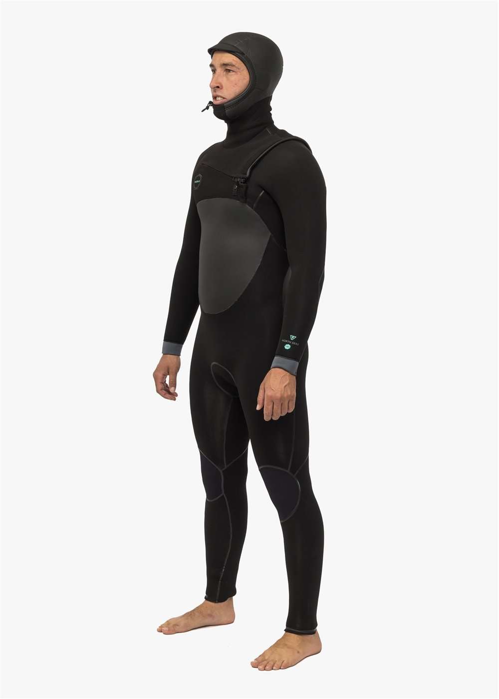 Full hooded chest zip wetsuit in black with grey chest panel and integrated hood, featuring a snug fit and matte finish, showcasing the Vissla North Seas design.