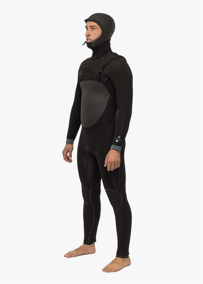 Full hooded chest zip wetsuit in black with grey chest panel and integrated hood, featuring a snug fit and matte finish, showcasing the Vissla North Seas design.