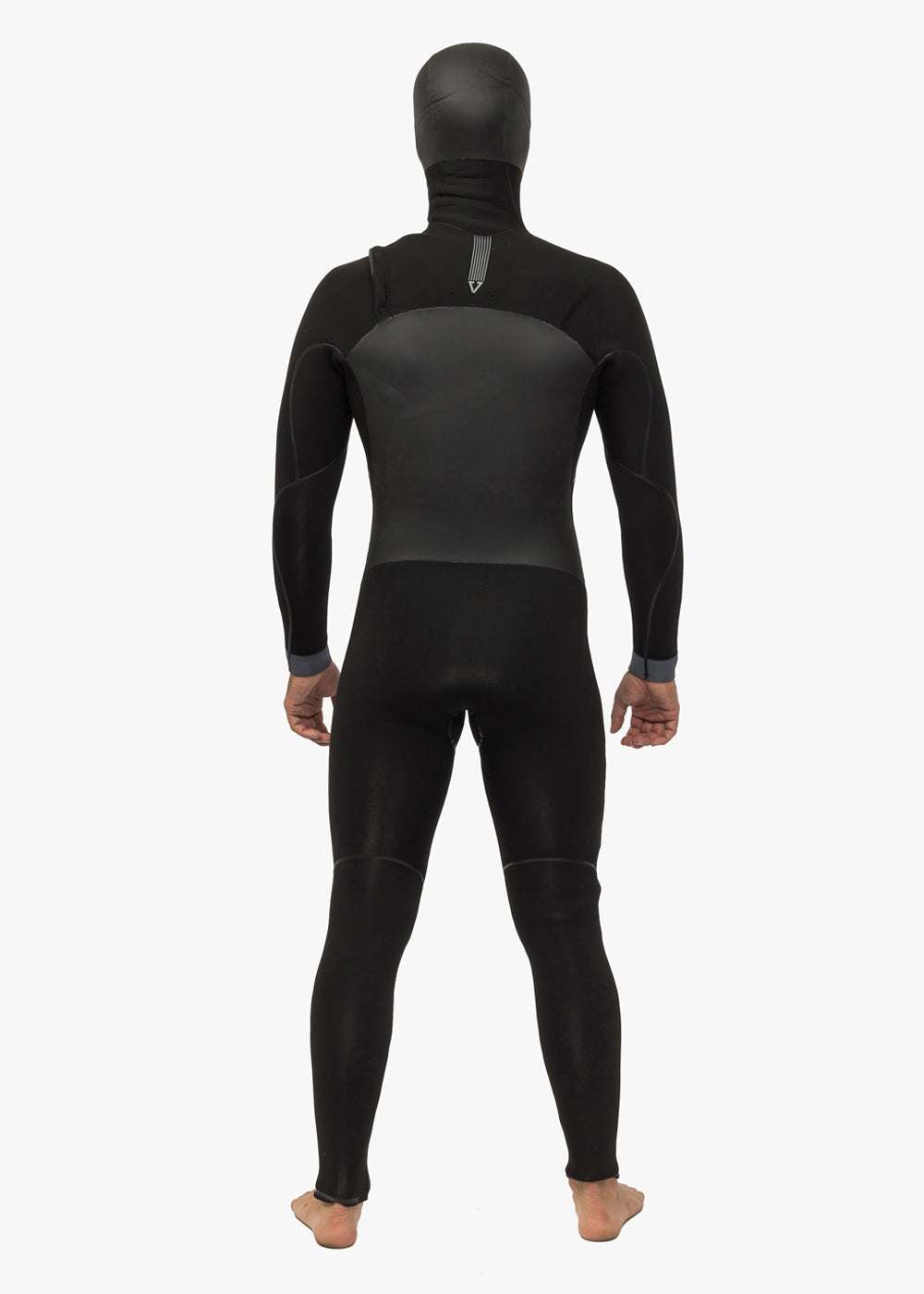 Full black hooded wetsuit with chest zip and smooth panel back, designed for warmth and flexibility, Vissla North Seas model.