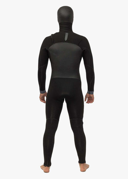 Full black hooded wetsuit with chest zip and smooth panel back, designed for warmth and flexibility, Vissla North Seas model.