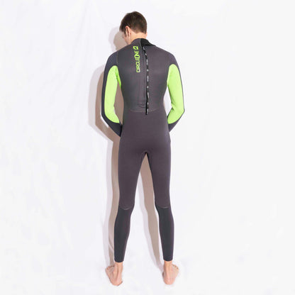 Mens 4/3mm Spring Wetsuit in charcoal neoprene with neon green arm panels, a back zip and knee patches.