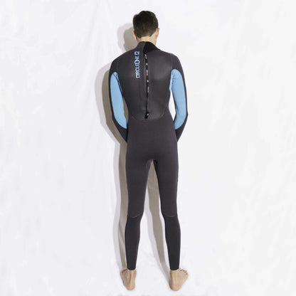 Mens 5/4mm Winter Wetsuit in charcoal neoprene with bright blue arm panels, a back zip and white branding.