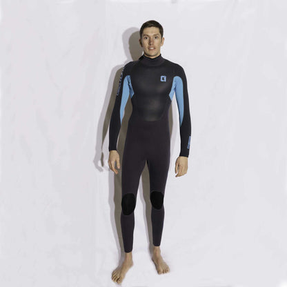 Mens 5/4mm Winter Wetsuit in black neoprene with bright blue stretch panels, high neck, and reinforced knee pads.