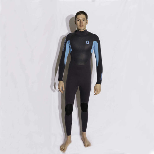 Mens 5/4mm Winter Wetsuit in black neoprene with bright blue stretch panels, high neck, and reinforced knee pads.