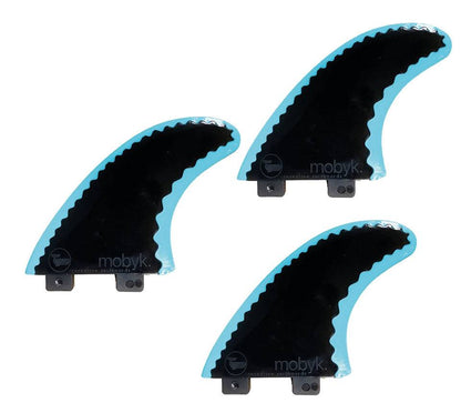 Mobyk Safety Fins flexible surfboard fin set in black with blue edges, made of soft, flexible material for safety and performance.
