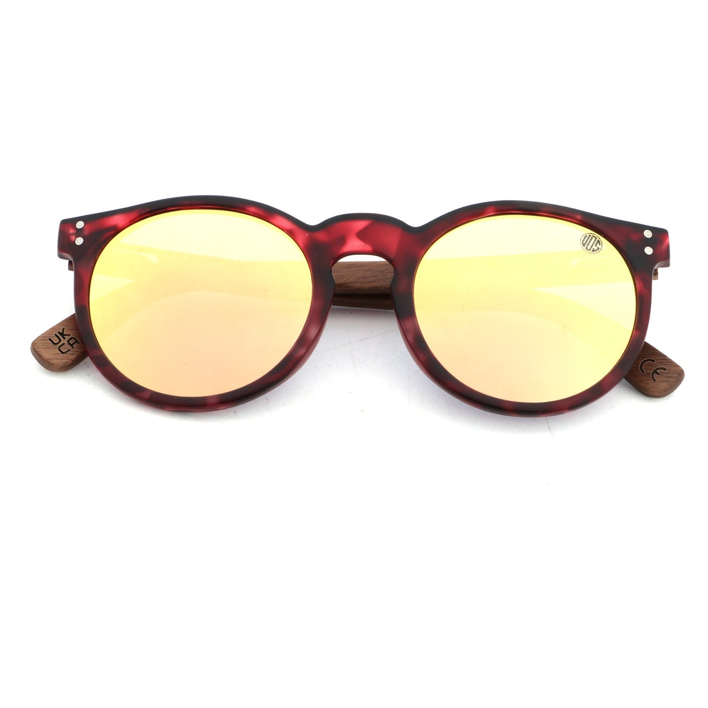 Round sunglasses with red tortoiseshell frame and yellow lenses on a white background