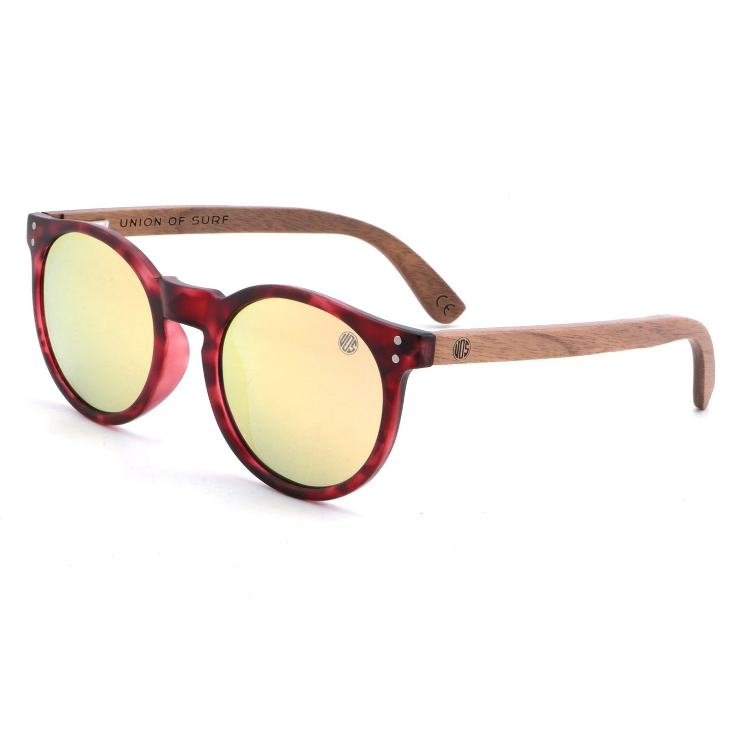 Round sunglasses with red frame and yellow lenses on a white background