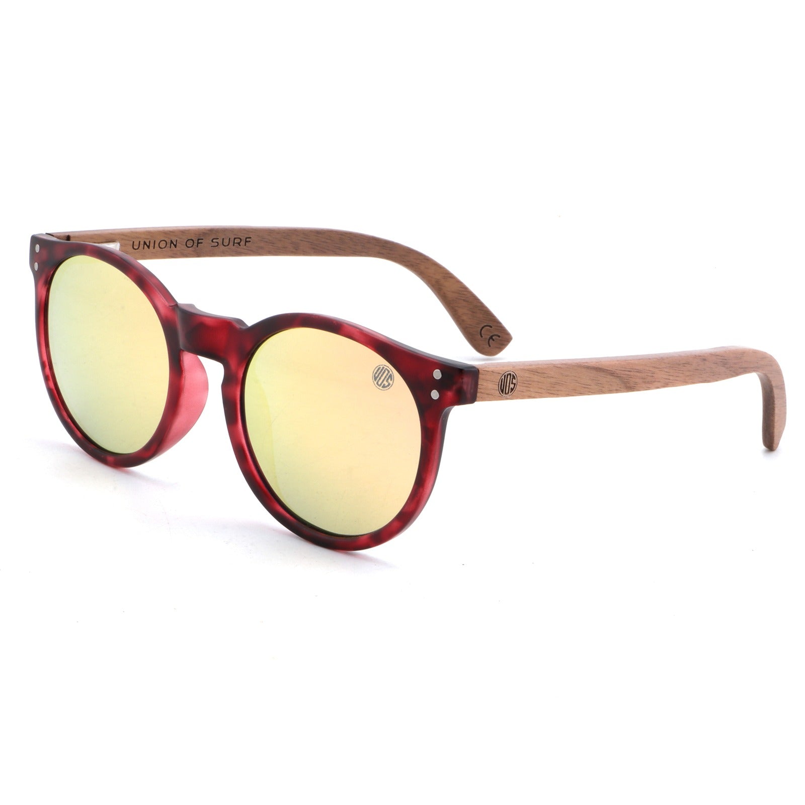 Round sunglasses with red frame and yellow lenses on a white background