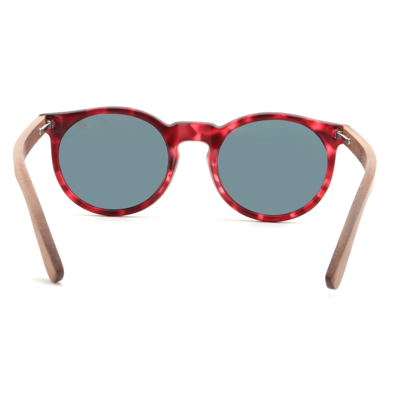 Sunglasses with red tortoiseshell frame and blue lenses on a white background