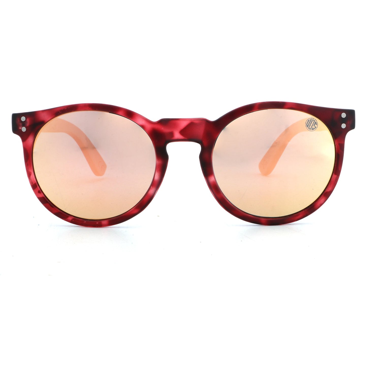 Red tortoiseshell sunglasses with reflective lenses on a white background