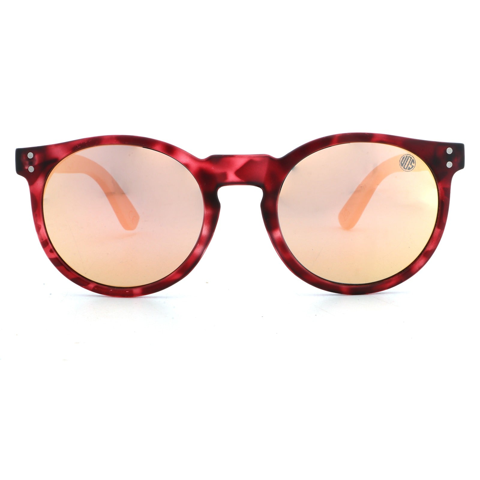 Red tortoiseshell sunglasses with reflective lenses on a white background