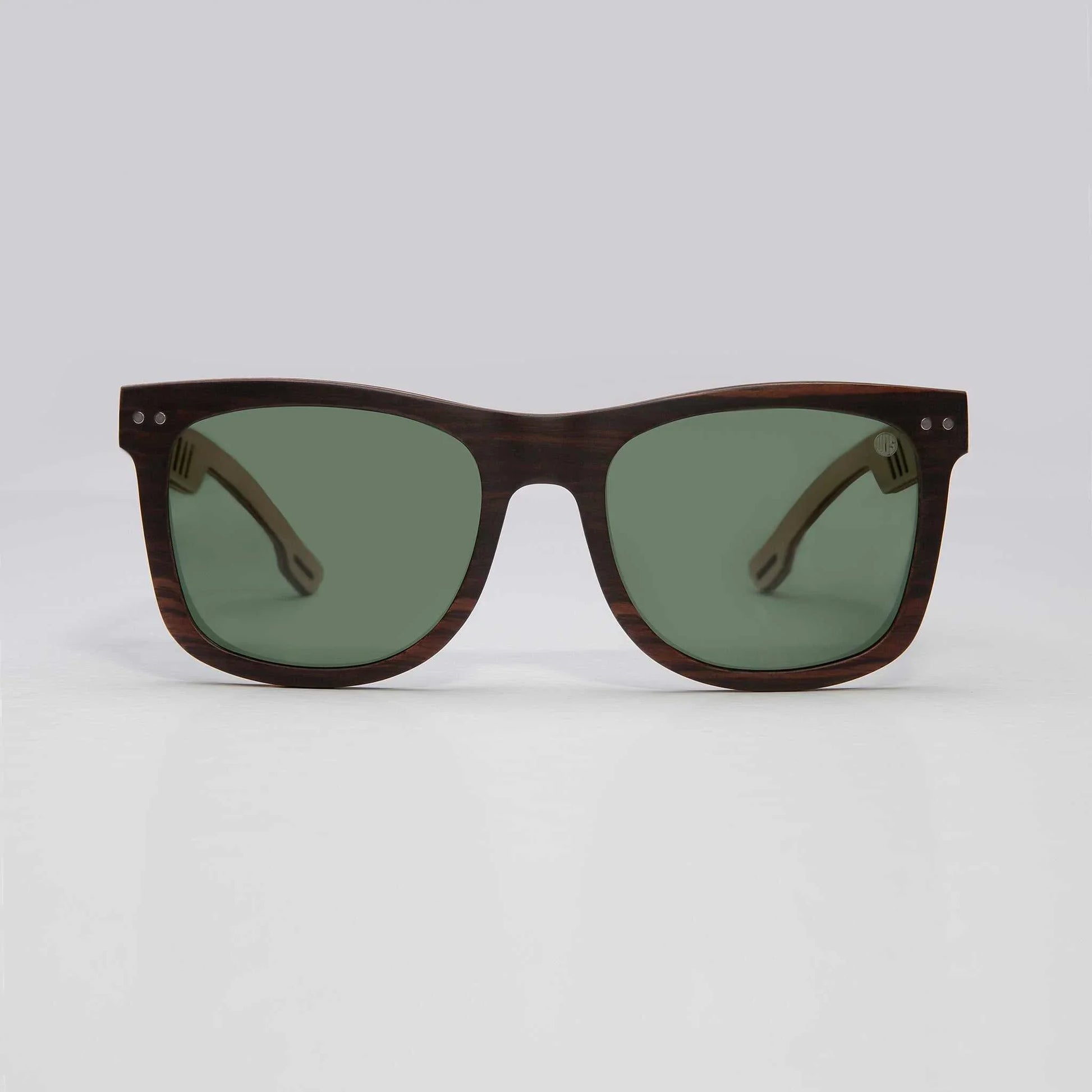 Sustainable wooden sunglasses with polarised green lenses, eco-friendly and stylish for outdoor use