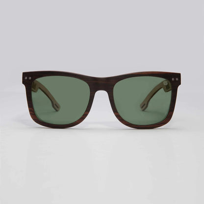 Sustainable wooden sunglasses with polarised green lenses, eco-friendly and stylish for outdoor use