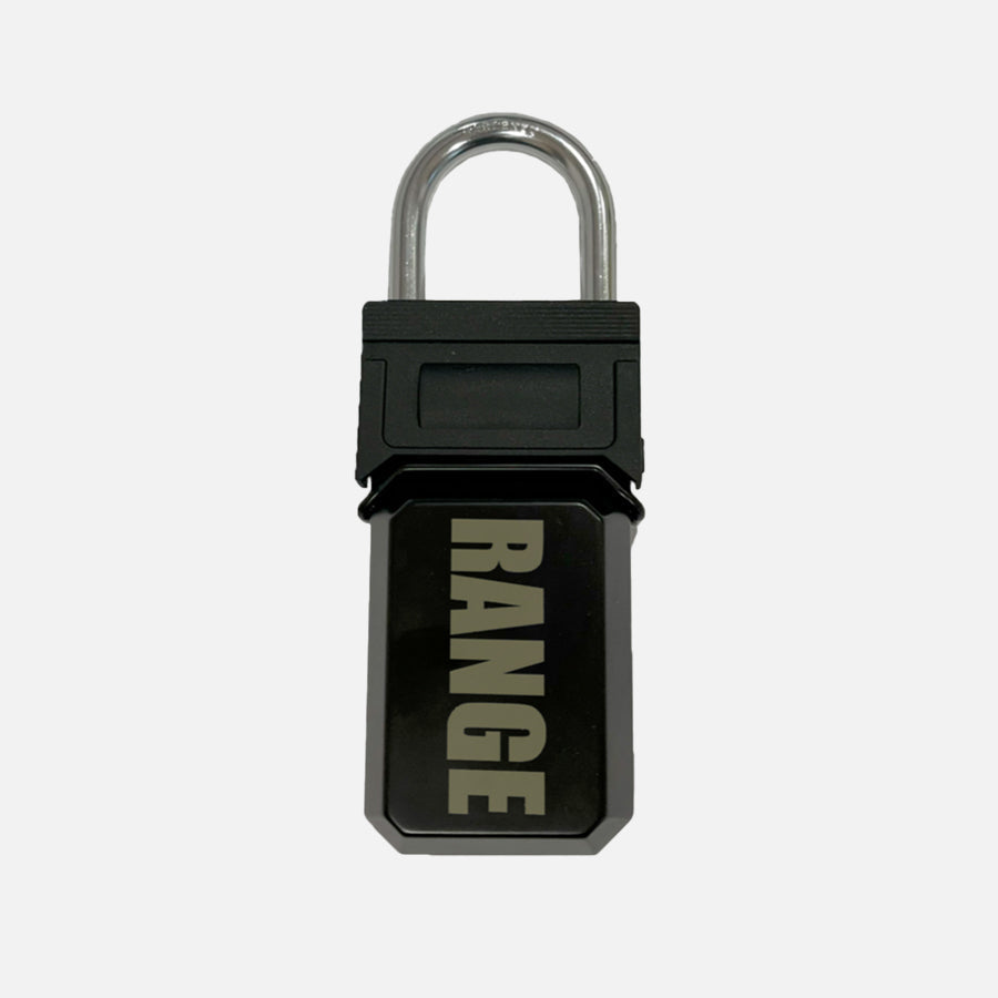 Range Icon Keylock: black rectangular combination lock with a silver metal shackle and bold vertical RANGE lettering.