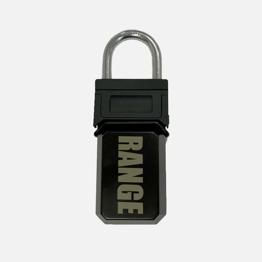 Range Icon Keylock: black rectangular combination lock with a silver metal shackle and bold vertical RANGE lettering.