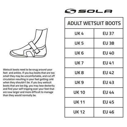 Sola 5mm Zip Boot sizing chart with black-and-white text, UK and EU size conversions, and a line drawing of a wetsuit boot.