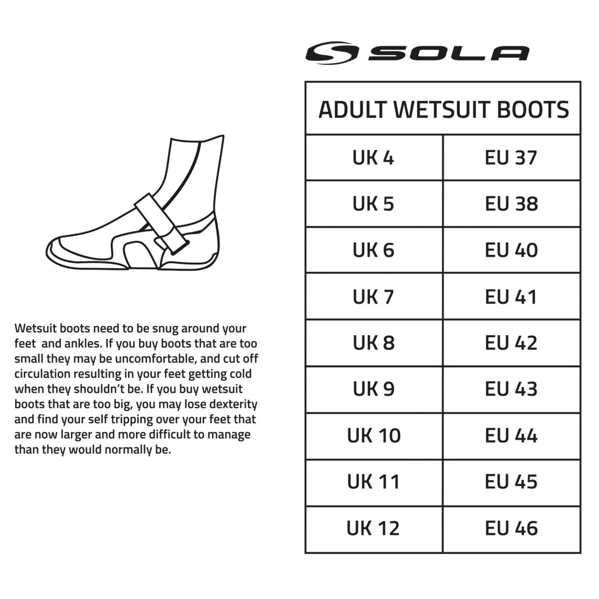 Sola Kids 5mm Zip Boot sizing chart with black text, UK and EU adult wetsuit boot sizes, and a boot-fit illustration