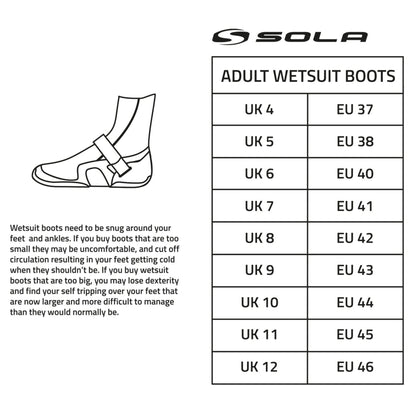 Sola Kids 5mm Zip Boot sizing chart with black text, UK and EU adult wetsuit boot sizes, and a boot-fit illustration