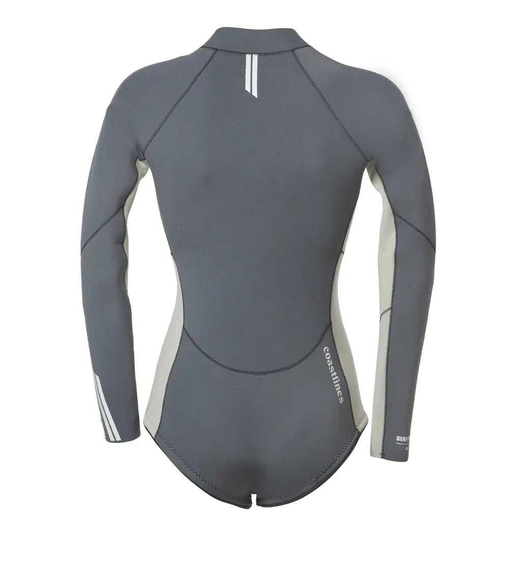 Front and back view of Premium Womens 2mm Front Zip Springsuit in black with sleek fit and chest zipper