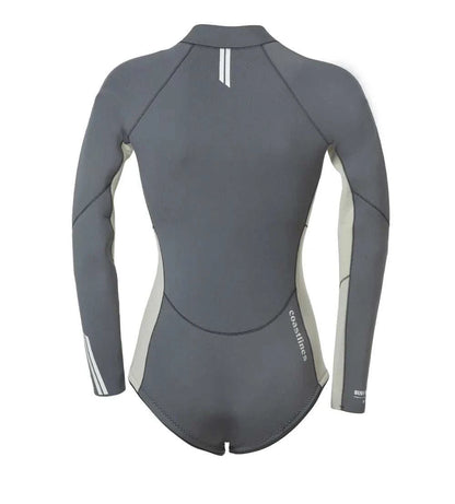 Front and back view of Premium Womens 2mm Front Zip Springsuit in black with sleek fit and chest zipper