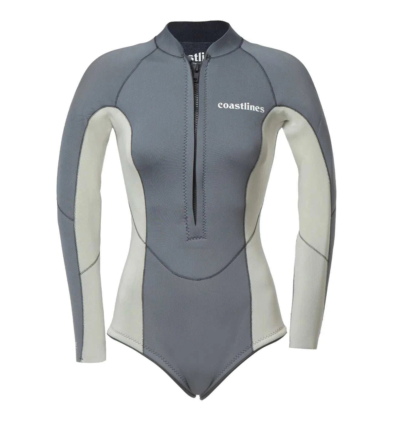 Front and back view of Premium Womens 2mm Front Zip Springsuit in black with sleek fit and contrast panelling