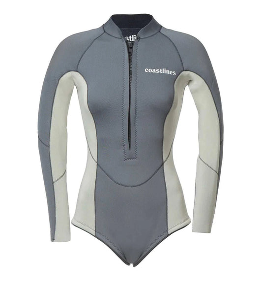 Front and back view of Premium Womens 2mm Front Zip Springsuit in black with sleek fit and contrast panelling