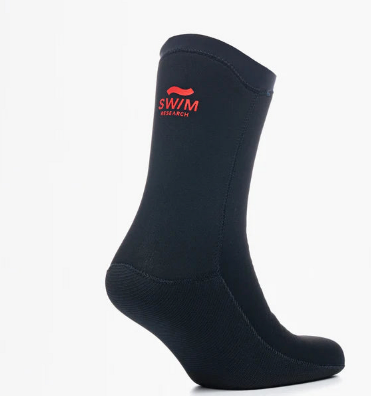 Black neoprene swim sock with red "SWIM RESEARCH" logo, durable sole, and seamless construction featuring C Skins Swim Research design.