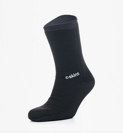 Black neoprene swim sock with reinforced sole and white "c-skins" logo, designed for thermal protection and flexibility from C Skins Swim Research.