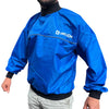 Blue nylon Spray Jacket with a glossy finish, black neoprene collar, cuffs and waist, and reflective chest trim.
