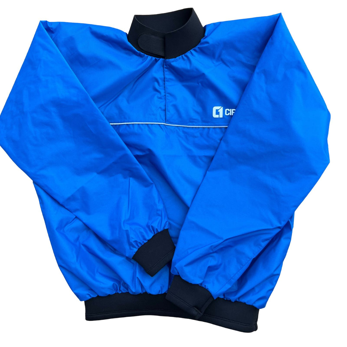 Blue nylon Spray Jacket with black neoprene collar, cuffs and waistband, featuring a simple solid design and chest logo.