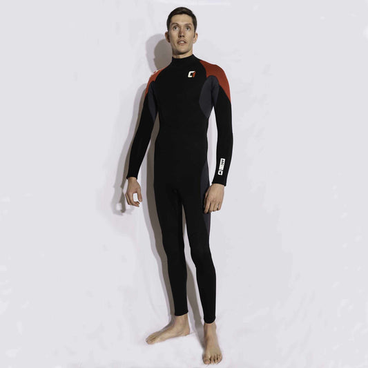 ARC 5/4mm ADULT wetsuit in black neoprene with red shoulder panels, grey accents and a back zip.