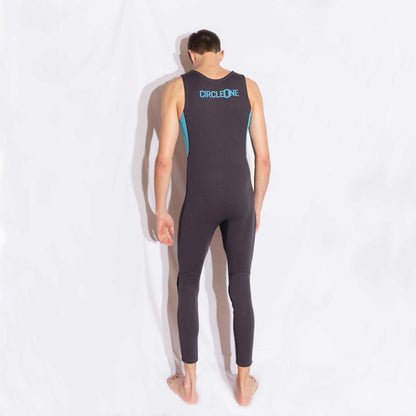 Mens 3/2mm LONG JOHN wetsuit in black stretch neoprene, sleeveless with turquoise trim and full-length legs.