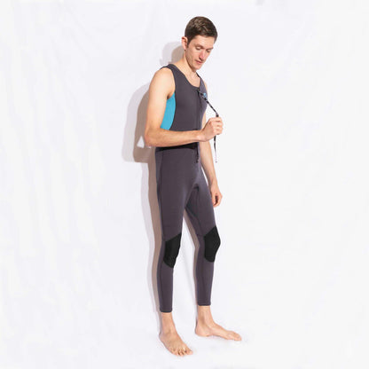 Mens 3/2mm LONG JOHN wetsuit in dark grey neoprene with blue side panels, black knee pads and a front zip.
