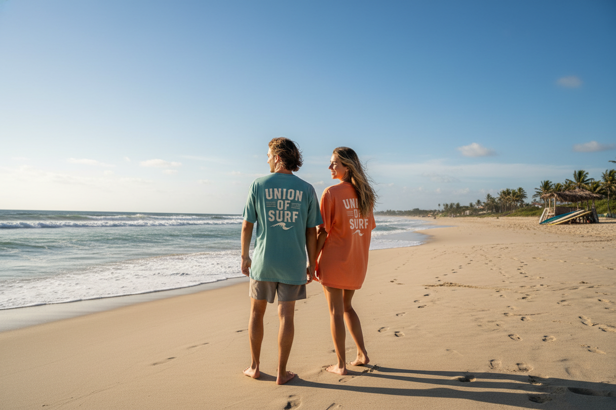 A man and women standing on the beach wearing tshirts of union of surf