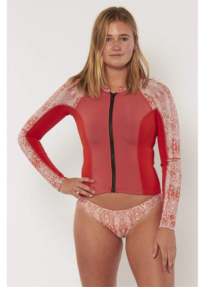 Sisstr summer seas neoprene jacket in coral pink with cream patterned sleeves, contrast panels and a black front zip.