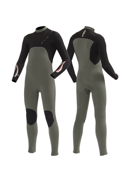 Vissla 7 Seas boys wetsuit in black and olive green neoprene with long sleeves, chest zip closure, and shark graphic on sleeves