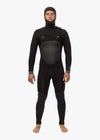 Full hooded black wetsuit with chest zip and knee pads, featuring smooth chest panel and integrated hood, Vissla North Seas design.