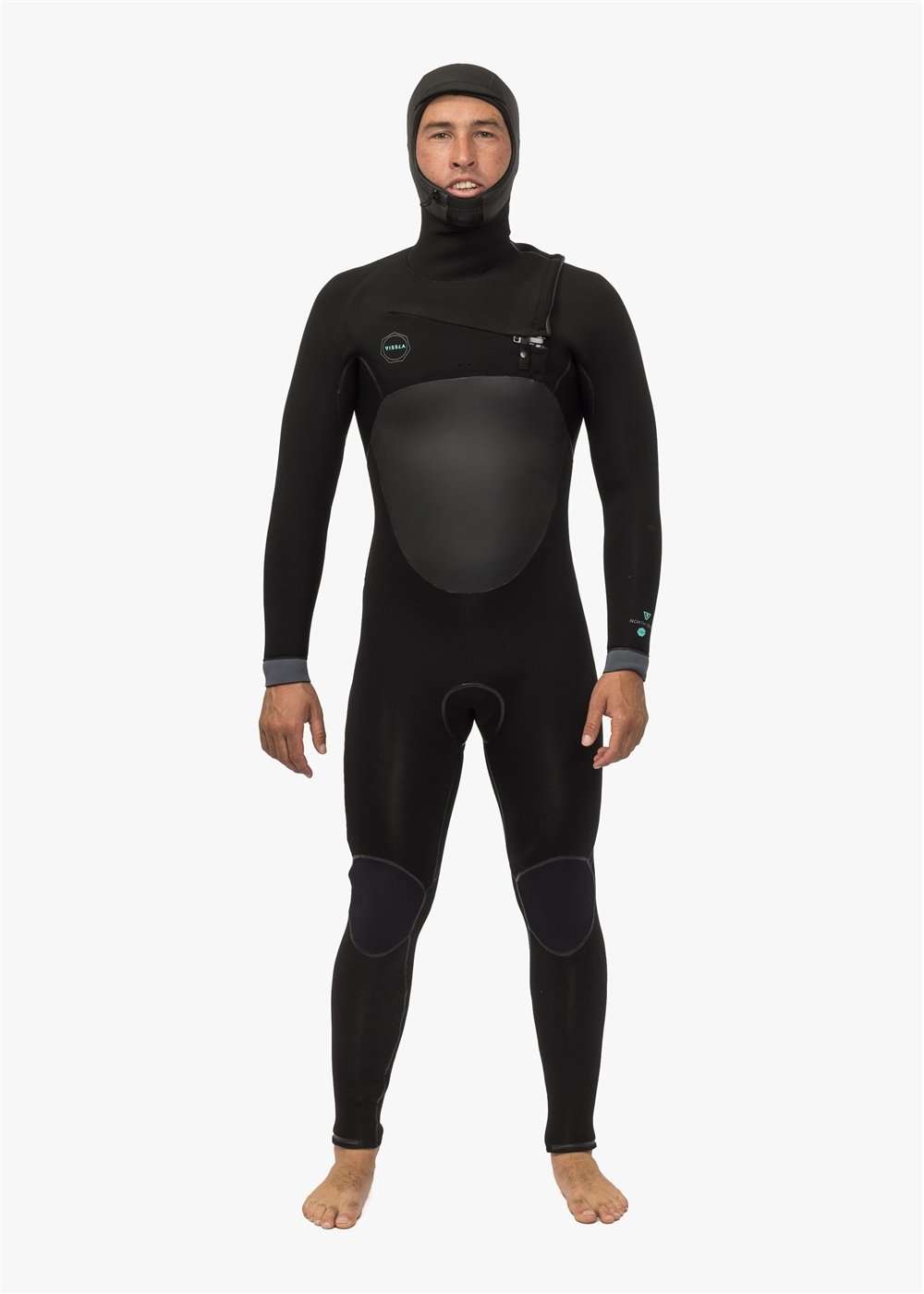 Full hooded black wetsuit with chest zip and knee pads, featuring smooth chest panel and integrated hood, Vissla North Seas design.