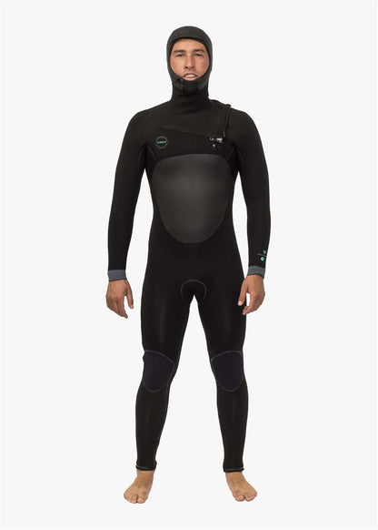 Full hooded black wetsuit with chest zip and knee pads, featuring smooth chest panel and integrated hood, Vissla North Seas design.