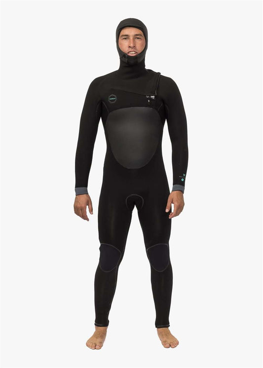 Full hooded black wetsuit with chest zip and knee pads, featuring smooth chest panel and integrated hood, Vissla North Seas design.